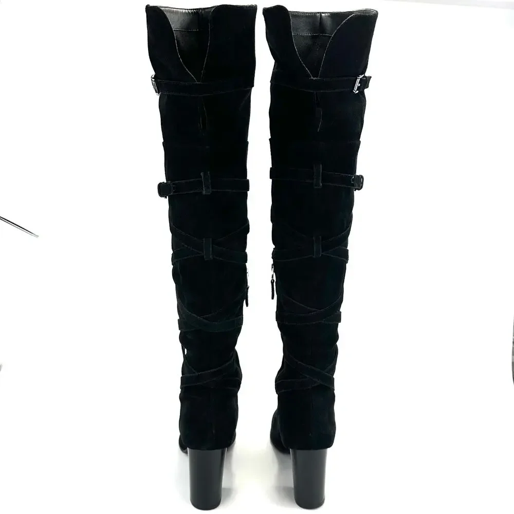 Sam Edelman Sable Black Over-The-Knee Boot Sz 9.5 Suede Heeled Adjustable Straps
